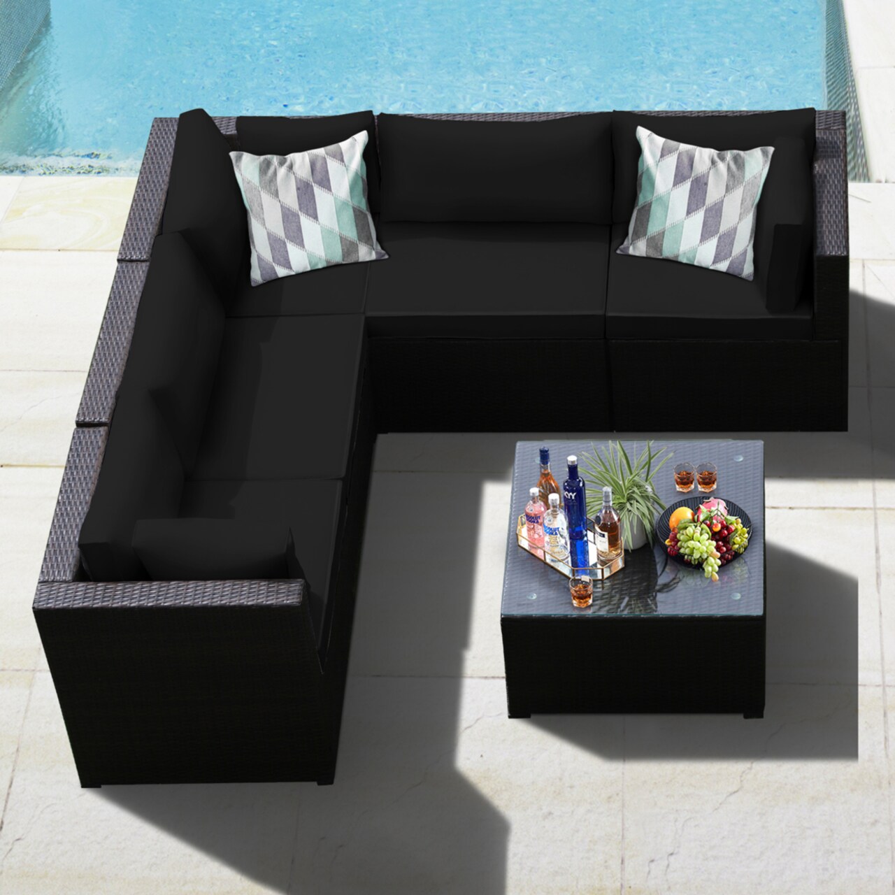 6Pcs Rattan Patio Sectional Sofa Conversation Set Outdoor W/ Black Cushions